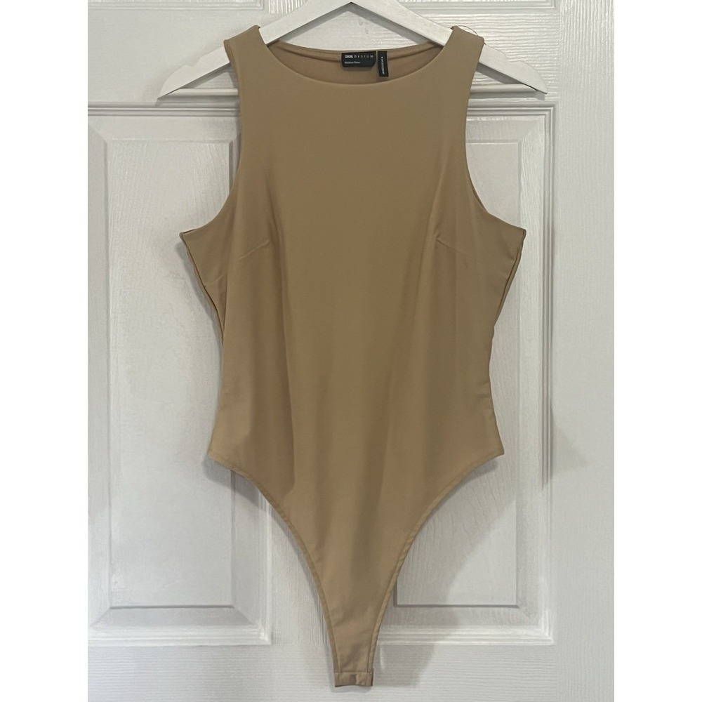 ASOS Beige Sculpting Thong Bodysuit High Neck Sleek Minimalist Beach Party US 6 - Picture 2 of 7